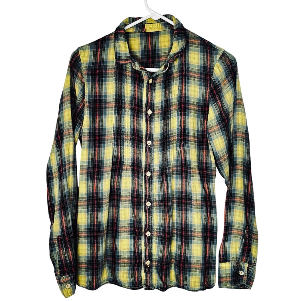 CP Shades Yellow-Green Plaid Cotton Long Sleeve Button Up with Pin Tuck Pleats